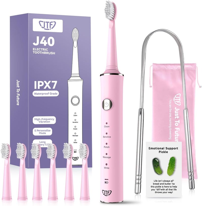 JTF Sonic Electric Toothbrush for Adults: 6 Brush Heads, Travel Bag, Tongue Scraper, 5 Brushing Modes for Teeth, Smart Timer and IPX7 Waterproof, Rechargeable Toothbrush for Deep Cleaning & Whitening - Image 1